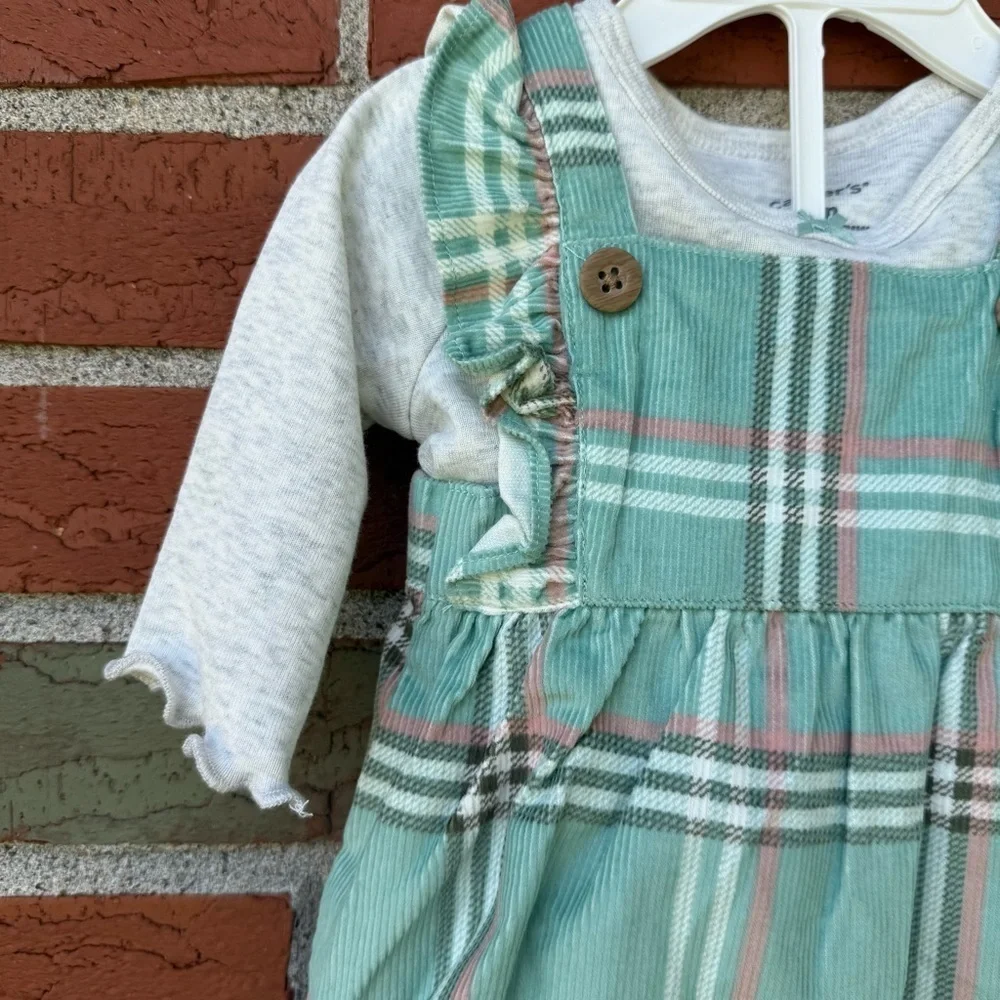 Carter’s Matching Three Piece NWT Green White Shirt + Dress + Tights Set 👶🏻